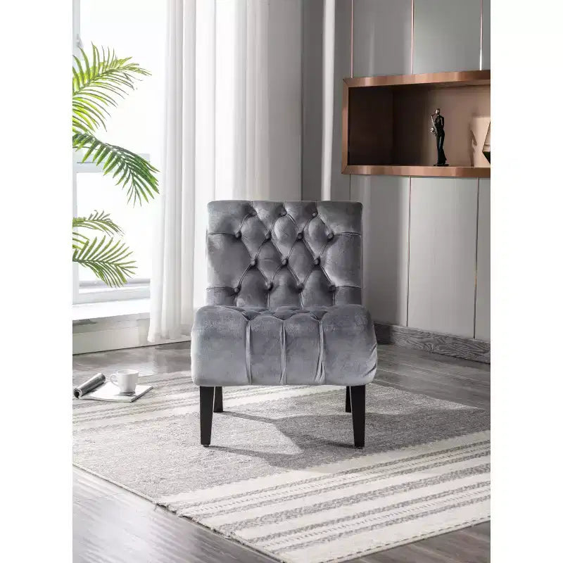 Fauteuil d'appoint moderne sans accoudoirs en velours Okak, Fauteuil confortable en tissu rembourré avec boutons et pieds en bois