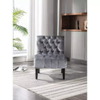 Fauteuil d'appoint moderne sans accoudoirs en velours Okak, Fauteuil confortable en tissu rembourré avec boutons et pieds en bois