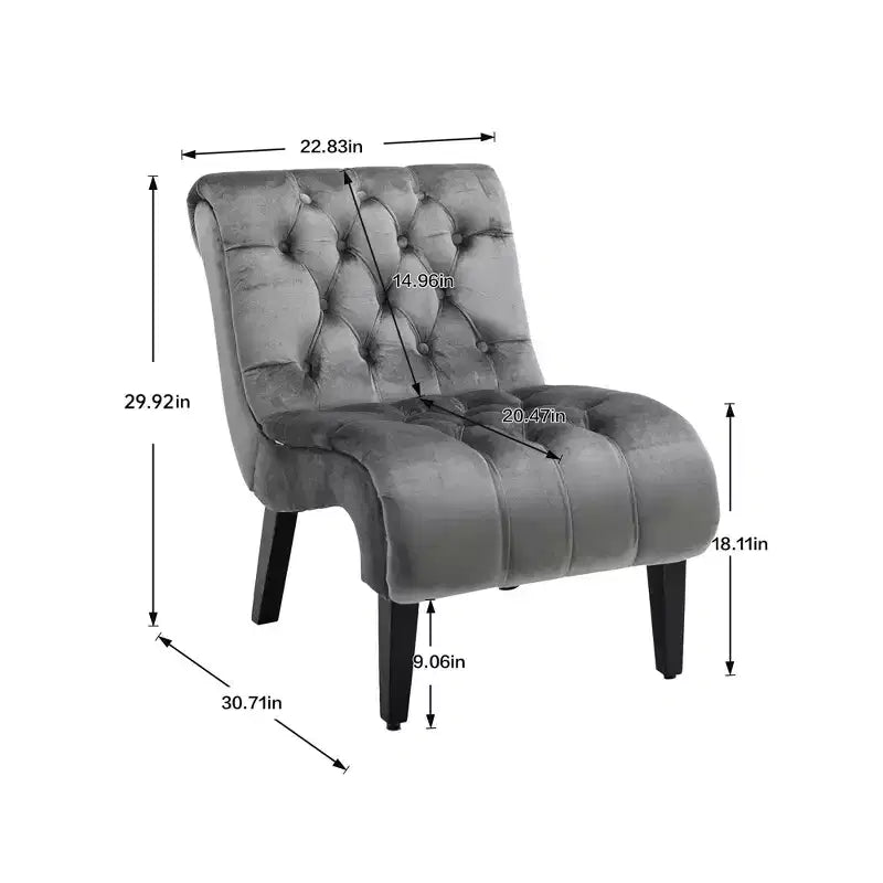 Fauteuil d'appoint moderne sans accoudoirs en velours Okak, Fauteuil confortable en tissu rembourré avec boutons et pieds en bois