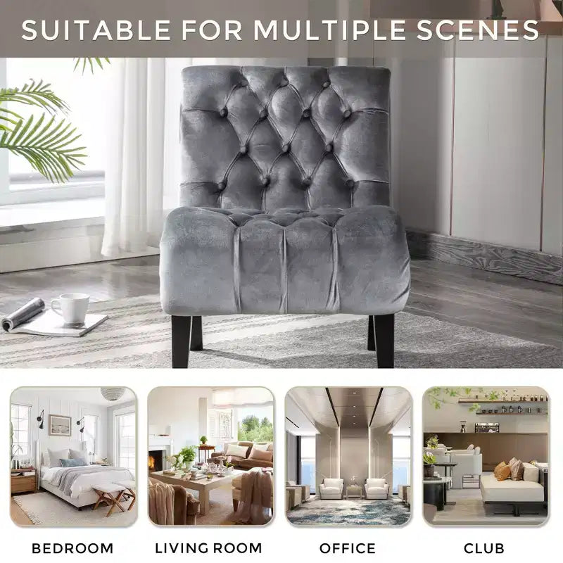 Fauteuil d'appoint moderne sans accoudoirs en velours Okak, Fauteuil confortable en tissu rembourré avec boutons et pieds en bois
