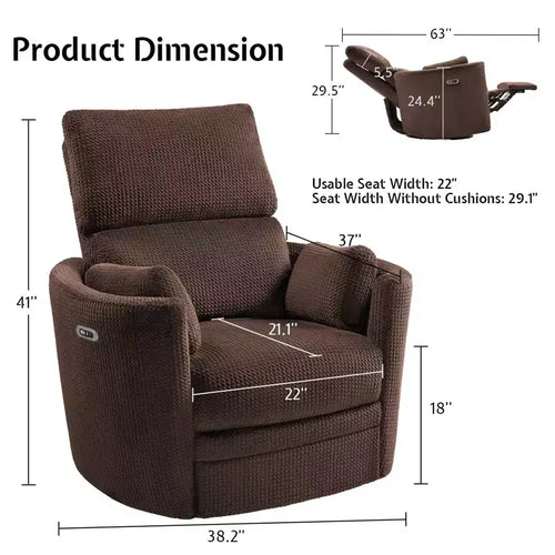 Fauteuil inclinable électrique de crèche AMERLIFE, planeur à bascule pivotant électrique avec USB et Type-C, fauteuil avec 2 oreillers, canapé inclinable pour la maison