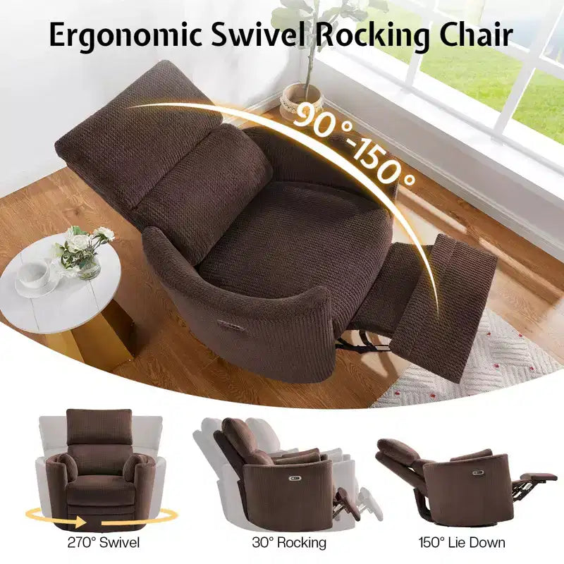 Fauteuil inclinable électrique de crèche AMERLIFE, planeur à bascule pivotant électrique avec USB et Type-C, fauteuil avec 2 oreillers, canapé inclinable pour la maison