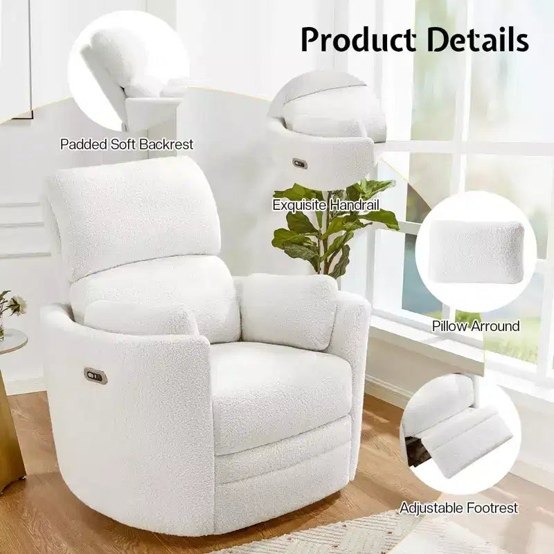 Fauteuil inclinable électrique de crèche AMERLIFE, planeur à bascule pivotant électrique avec USB et Type-C, fauteuil avec 2 oreillers, canapé inclinable pour la maison