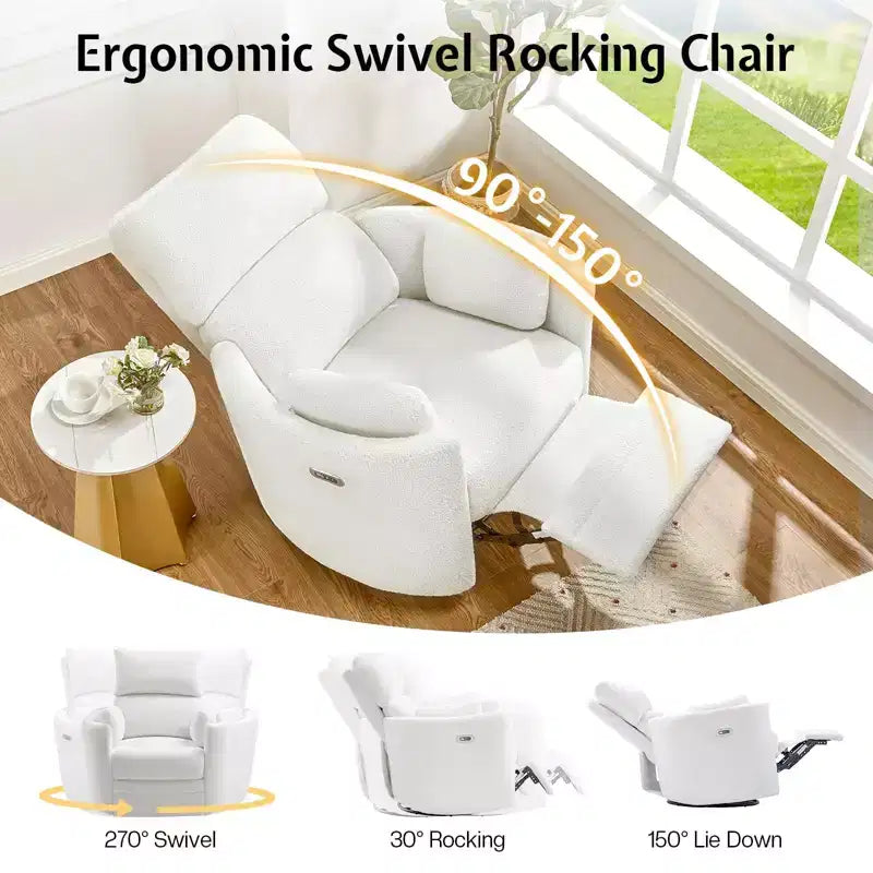 Fauteuil inclinable électrique de crèche AMERLIFE, planeur à bascule pivotant électrique avec USB et Type-C, fauteuil avec 2 oreillers, canapé inclinable pour la maison