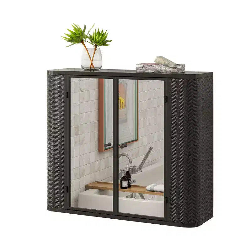 Meuble-lavabo mural noir Chic Crate à 2 portes miroir et étagère ouverte | Cadre en métal style ferme | Au-dessus de l'évier