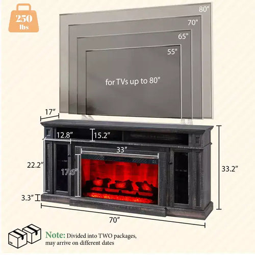 Meuble TV de cheminée rustique AMERLIFE avec cheminée électrique de 33 po, pour téléviseurs jusqu'à 80 po