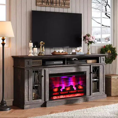 AMERLIFE Farmhouse Heavy Fireplace TV Stand with 33 Electric Fireplace, for 80 TVs up
