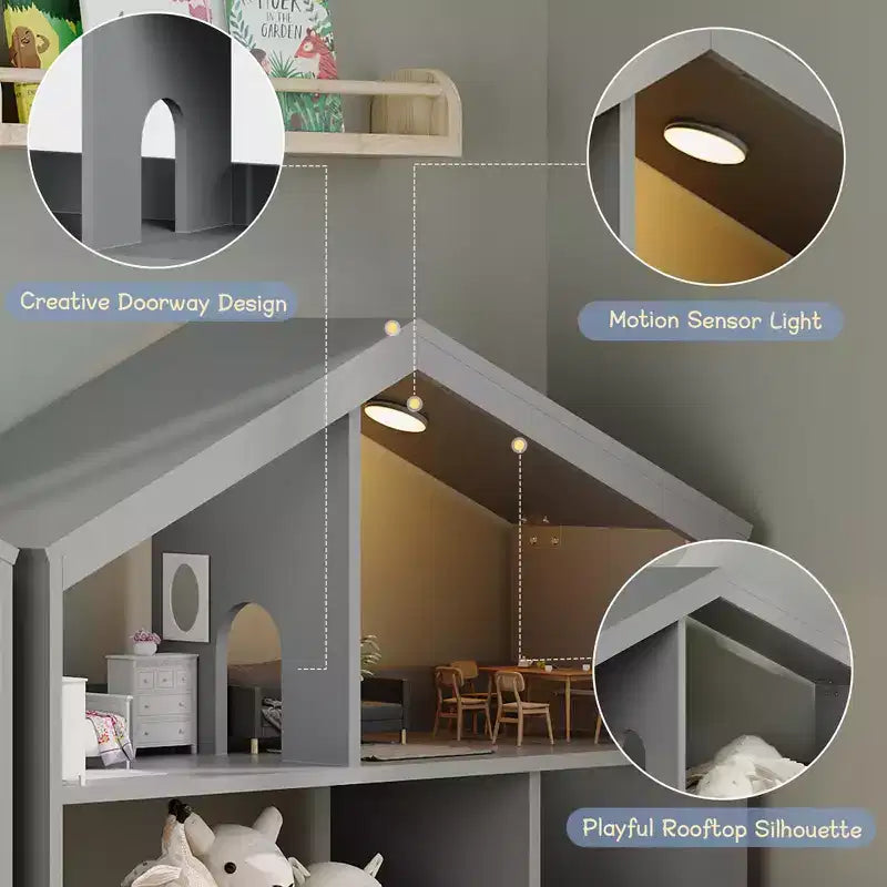 Étagère à Livres Whizmax à 2 Niveaux pour Enfants - Organisateur de Rangement de Jouets en Bois avec Lumière à Détecteur de Mouvement, Porte-Livres pour Chambre, Salle de Classe et Salle de Jeux