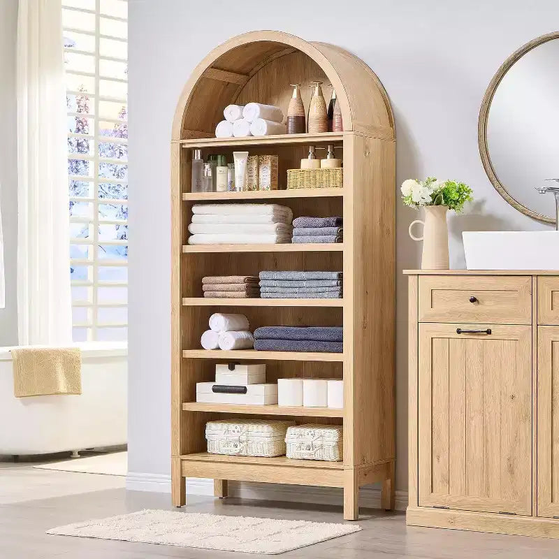 Bibliothèque SinCiDo à arche, meuble de rangement de style ferme moderne avec étagères réglables, bibliothèque en bois avec étagère ouverte pour bureau à domicile