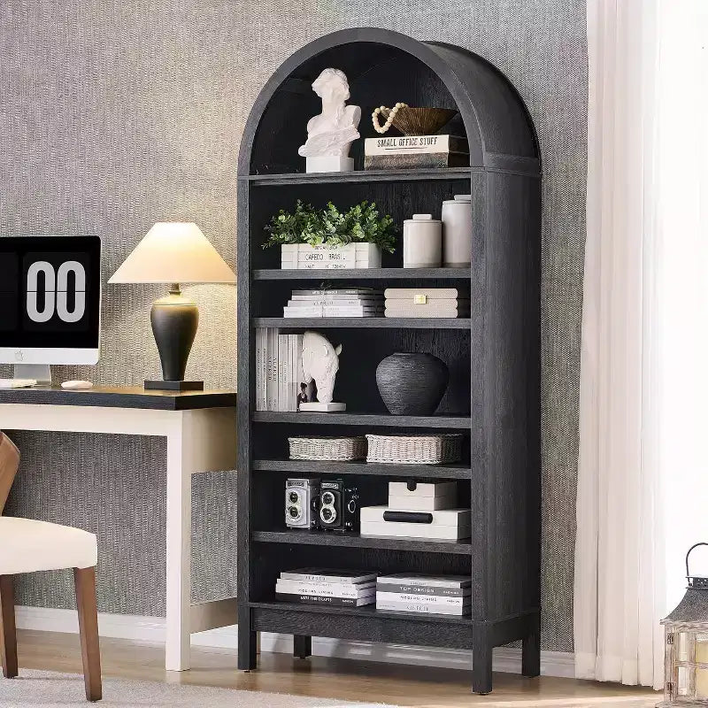 Bibliothèque SinCiDo à arche, meuble de rangement de style ferme moderne avec étagères réglables, bibliothèque en bois avec étagère ouverte pour bureau à domicile