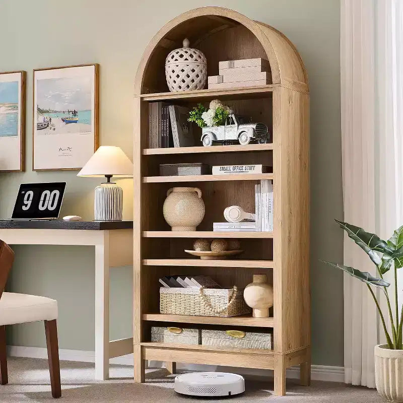 Bibliothèque SinCiDo à arche, meuble de rangement de style ferme moderne avec étagères réglables, bibliothèque en bois avec étagère ouverte pour bureau à domicile