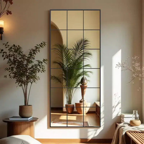 Miroir rectangulaire noir 69x30 en pied avec cadre métallique et carreaux, idéal pour salle de bain, chambre, entrée, salon