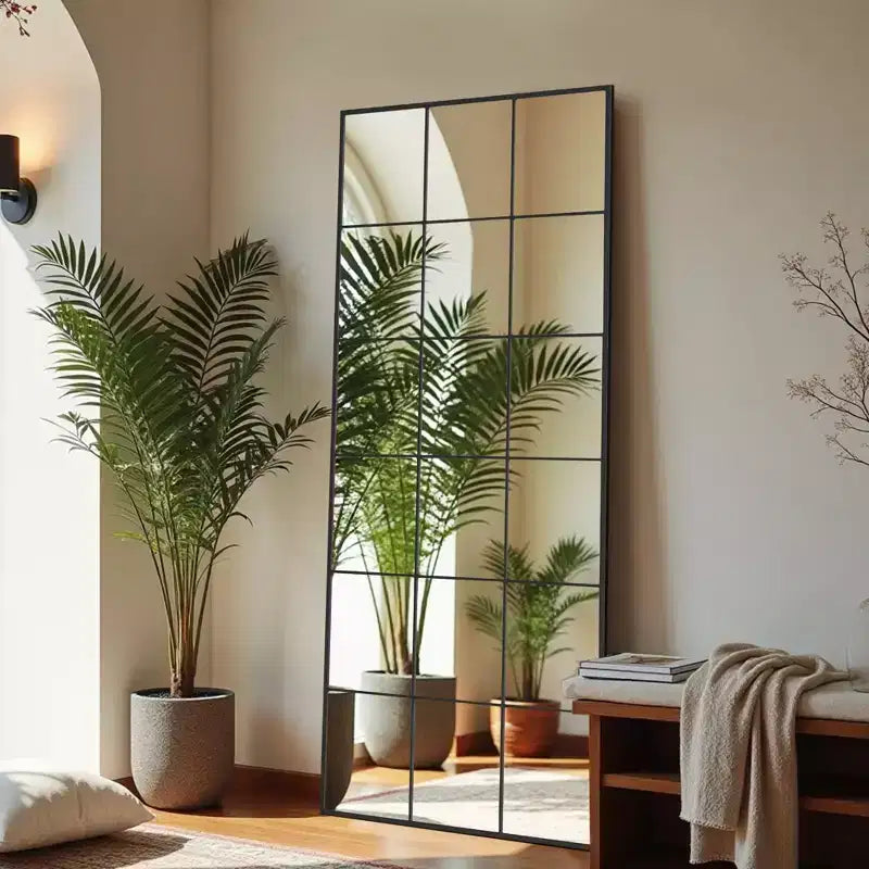 Miroir rectangulaire noir 69x30 en pied avec cadre métallique et carreaux, idéal pour salle de bain, chambre, entrée, salon