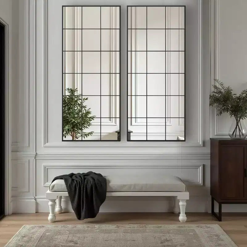 Miroir rectangulaire noir 69x30 en pied avec cadre métallique et carreaux, idéal pour salle de bain, chambre, entrée, salon