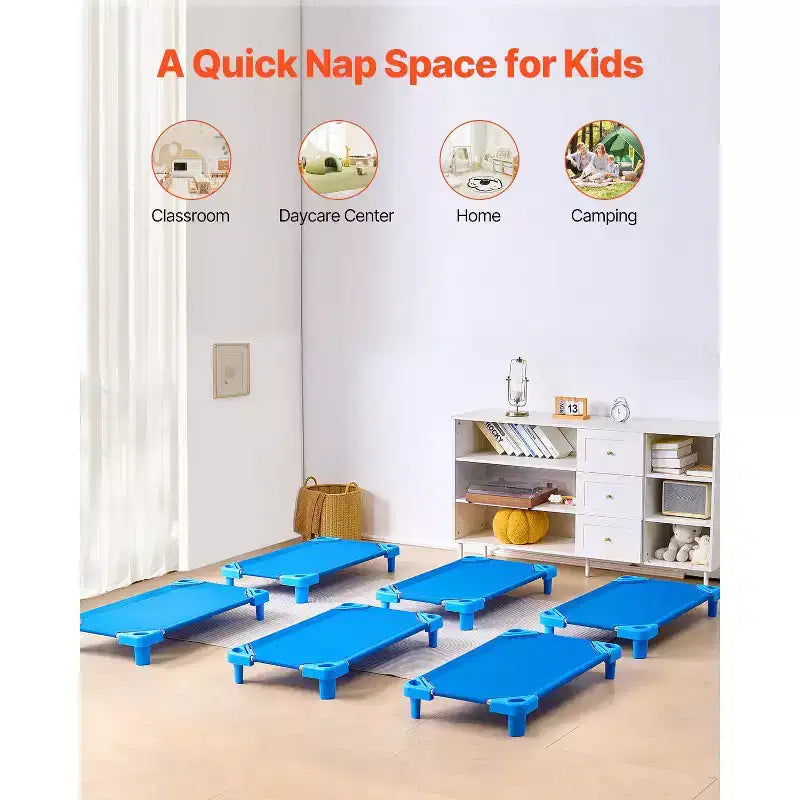 Lit de camp empilable VEVOR pour enfants, lot de 6, lits de sieste portables pour tout-petits, lits de jour de taille standard 106,7 cm L x 58,4 cm l pour enfants, lits de garderie pour salle de classe préscolaire