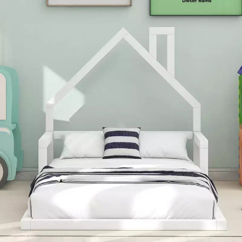 Cadre de Lit Jumeau Okak avec Tête de Lit Rangement, Lit Jumeau en Bois avec Tête de Lit en Forme de Maison pour Chambre, Blanc