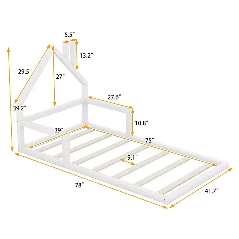 Cadre de Lit Jumeau Okak avec Tête de Lit Rangement, Lit Jumeau en Bois avec Tête de Lit en Forme de Maison pour Chambre, Blanc