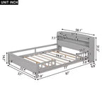 Lit double Okak avec tête de lit, plateforme en bois avec lumière LED intégrée, tête de lit de rangement et barrière de sécurité, gris antique