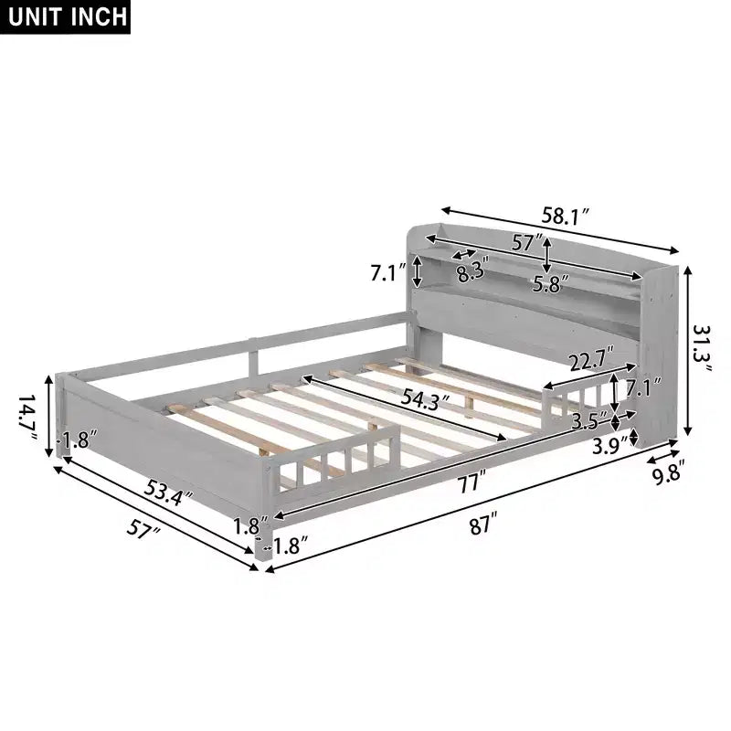 Lit double Okak avec tête de lit, plateforme en bois avec lumière LED intégrée, tête de lit de rangement et barrière de sécurité, gris antique
