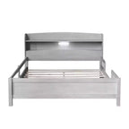 Lit double Okak avec tête de lit, plateforme en bois avec lumière LED intégrée, tête de lit de rangement et barrière de sécurité, gris antique
