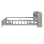 Lit double Okak avec tête de lit, plateforme en bois avec lumière LED intégrée, tête de lit de rangement et barrière de sécurité, gris antique