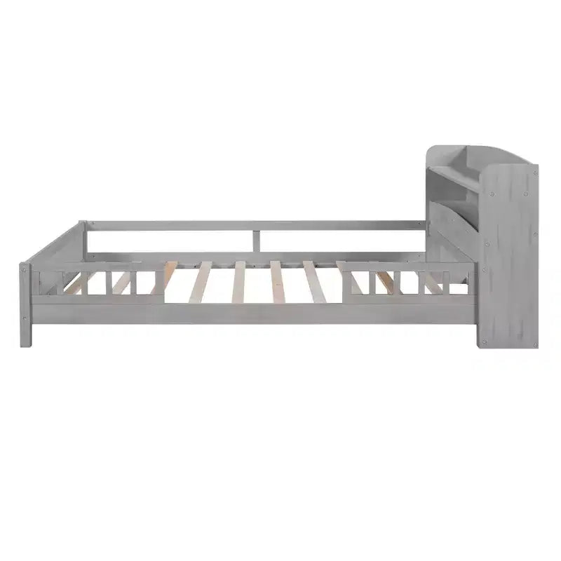 Lit double Okak avec tête de lit, plateforme en bois avec lumière LED intégrée, tête de lit de rangement et barrière de sécurité, gris antique