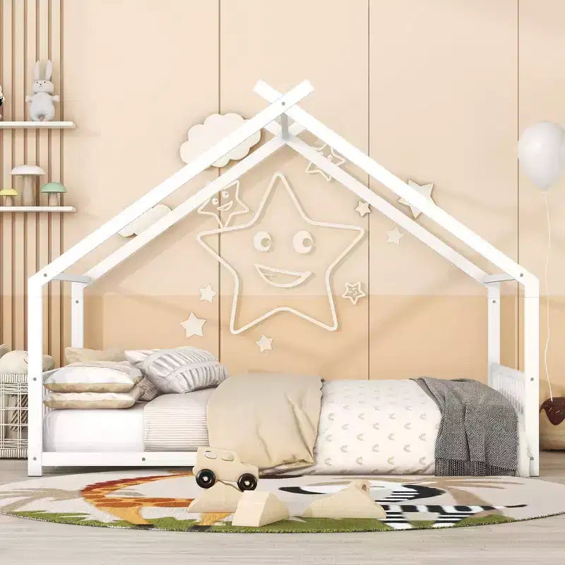 Cadre de lit double Okak avec rangement, cadre de lit double pour enfants, lit plateforme en métal en forme de maison avec lit gigogne double, blanc