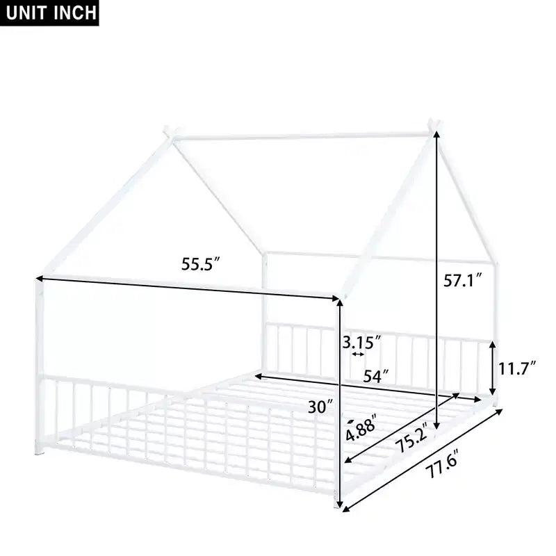 Cadre de lit double Okak avec rangement, cadre de lit double pour enfants, lit plateforme en métal en forme de maison avec lit gigogne double, blanc