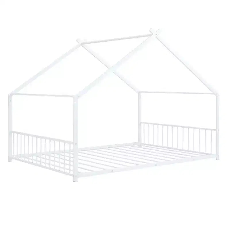 Cadre de lit double Okak avec rangement, cadre de lit double pour enfants, lit plateforme en métal en forme de maison avec lit gigogne double, blanc