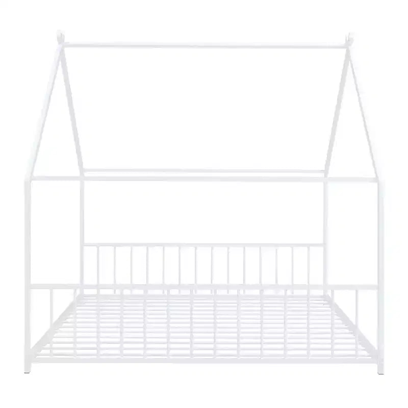Cadre de lit double Okak avec rangement, cadre de lit double pour enfants, lit plateforme en métal en forme de maison avec lit gigogne double, blanc