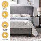 Cadre de lit plateforme rembourré Okak Queen Size, Cadre de lit en lin avec support à lattes en bois pour chambre à coucher, PU gris