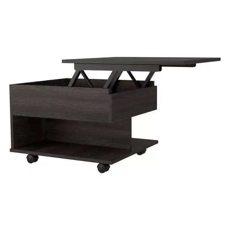 Table basse relevable rectangulaire moderne Okak 15.3 H avec roulettes et 1 étagère ouverte pour salon/bureau, gain de place