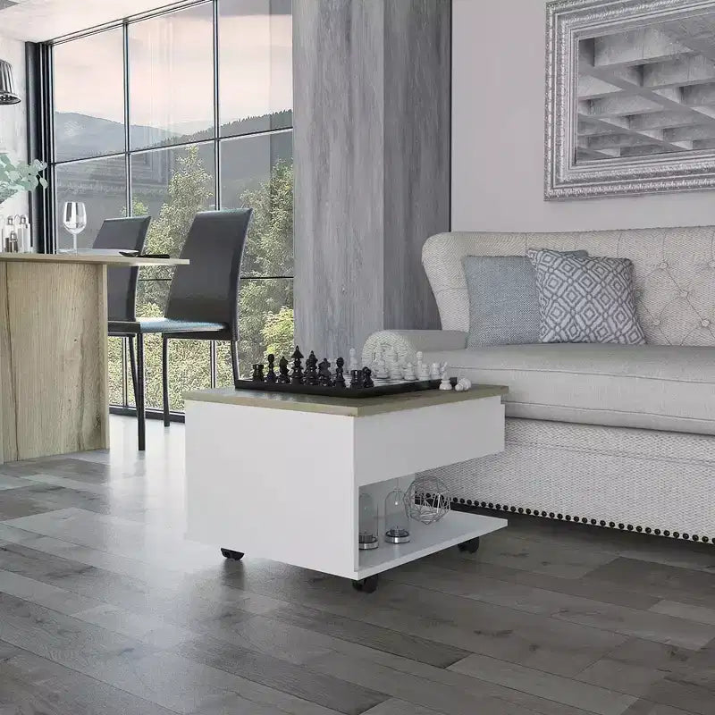 Table basse relevable rectangulaire moderne Okak 15.3 H avec roulettes et 1 étagère ouverte pour salon/bureau, gain de place