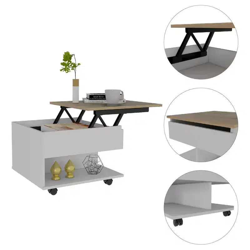 Table basse relevable rectangulaire moderne Okak 15.3 H avec roulettes et 1 étagère ouverte pour salon/bureau, gain de place