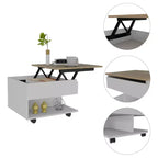 Table basse relevable rectangulaire moderne Okak 15.3 H avec roulettes et 1 étagère ouverte pour salon/bureau, gain de place