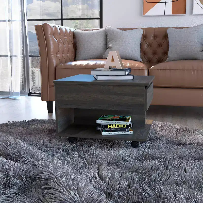 Okak 15.3 H Rectangle Modern Lift Top Coffee Table with Casters and 1 Open Shelf for Living Room/Office, Space-Saving