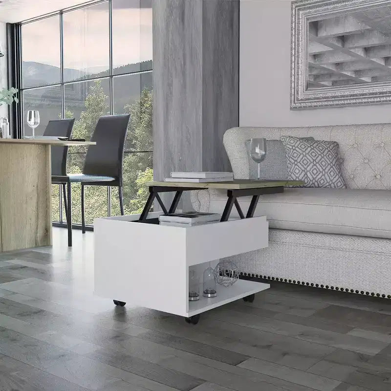 Table basse relevable rectangulaire moderne Okak 15.3 H avec roulettes et 1 étagère ouverte pour salon/bureau, gain de place