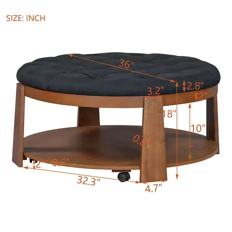 Table basse ottomane ronde Okak, grande, à 2 niveaux, capitonnée avec étagère de rangement pour salon/bureau, gain de place
