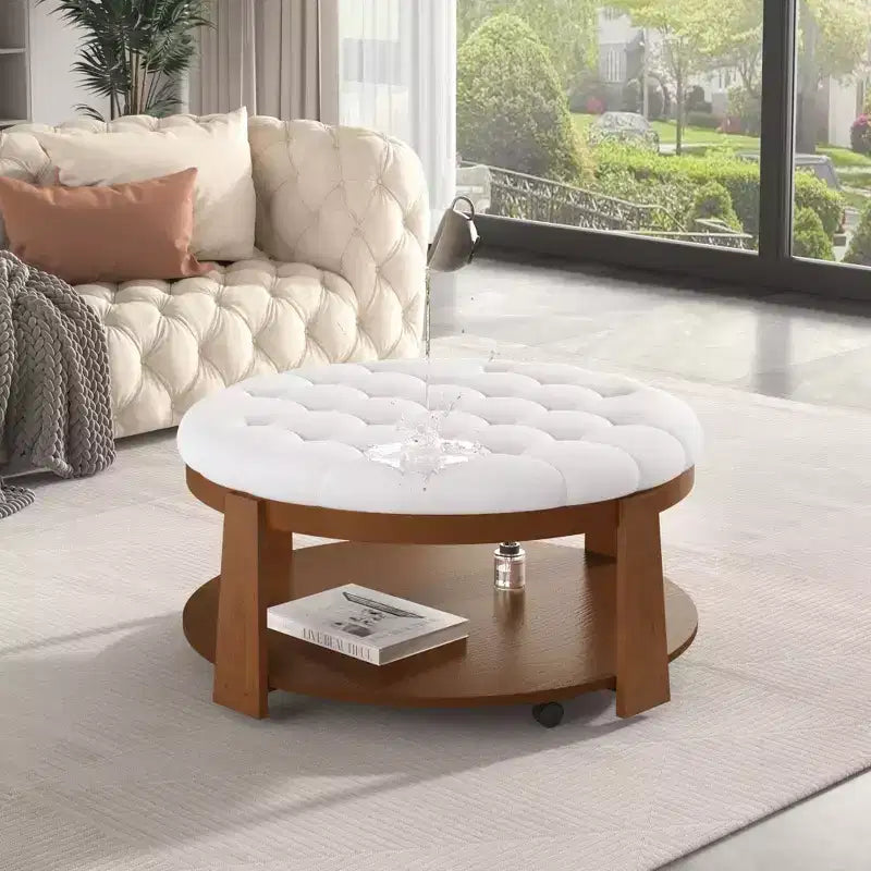 Table basse ottomane ronde Okak, grande, à 2 niveaux, capitonnée avec étagère de rangement pour salon/bureau, gain de place