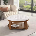 Table basse ottomane ronde Okak, grande, à 2 niveaux, capitonnée avec étagère de rangement pour salon/bureau, gain de place