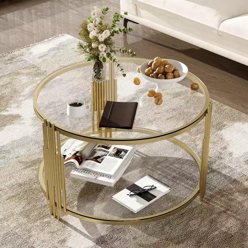 Table basse ottomane ronde Okak, grande, à 2 niveaux, capitonnée avec étagère de rangement pour salon/bureau, gain de place