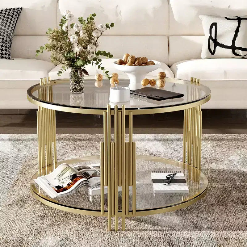 Table basse ottomane ronde Okak, grande, à 2 niveaux, capitonnée avec étagère de rangement pour salon/bureau, gain de place
