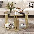 Table basse ottomane ronde Okak, grande, à 2 niveaux, capitonnée avec étagère de rangement pour salon/bureau, gain de place