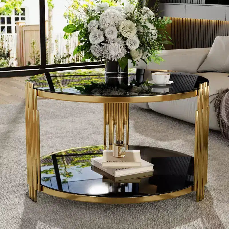 Table basse ottomane ronde Okak, grande, à 2 niveaux, capitonnée avec étagère de rangement pour salon/bureau, gain de place