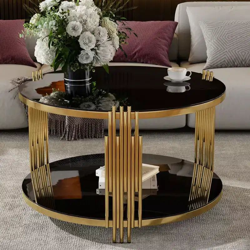 Table basse ottomane ronde Okak, grande, à 2 niveaux, capitonnée avec étagère de rangement pour salon/bureau, gain de place
