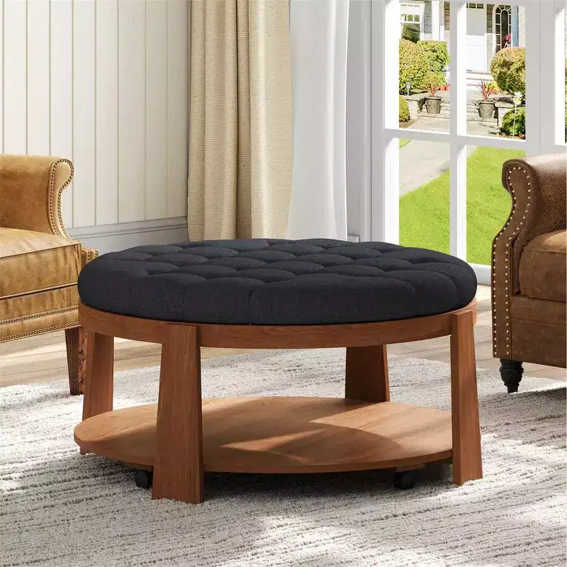 Okak Large Round Ottoman Coffee Table 2-Tier Button Tufted Upholstered Coffee Table with Shelf Storage for Living Room/Office, Space-Saving
