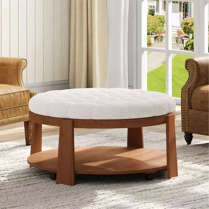 Table basse ottomane ronde Okak, grande, à 2 niveaux, capitonnée avec étagère de rangement pour salon/bureau, gain de place