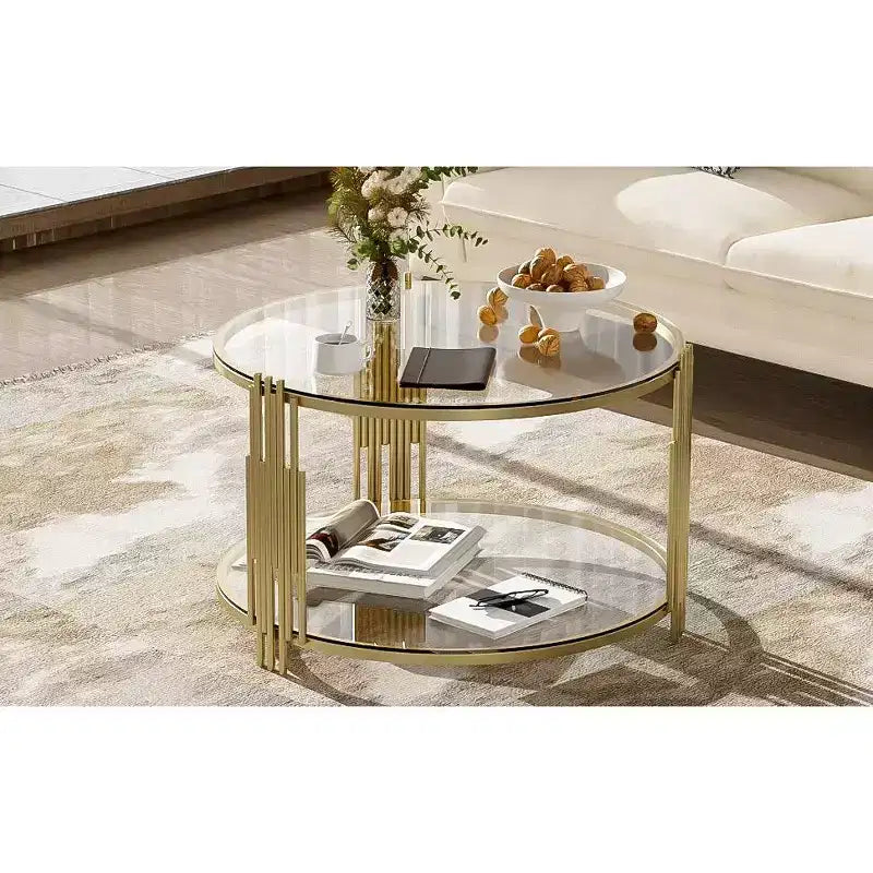 Table basse ottomane ronde Okak, grande, à 2 niveaux, capitonnée avec étagère de rangement pour salon/bureau, gain de place