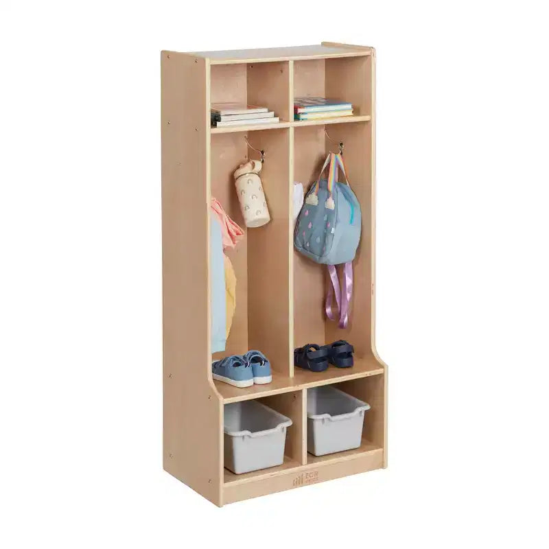 Portemanteau 2 sections ECR4Kids avec banc et casiers de rangement, mobilier pour enfants