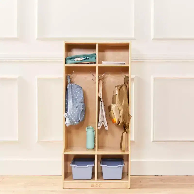 Portemanteau 2 sections ECR4Kids avec banc et casiers de rangement, mobilier pour enfants